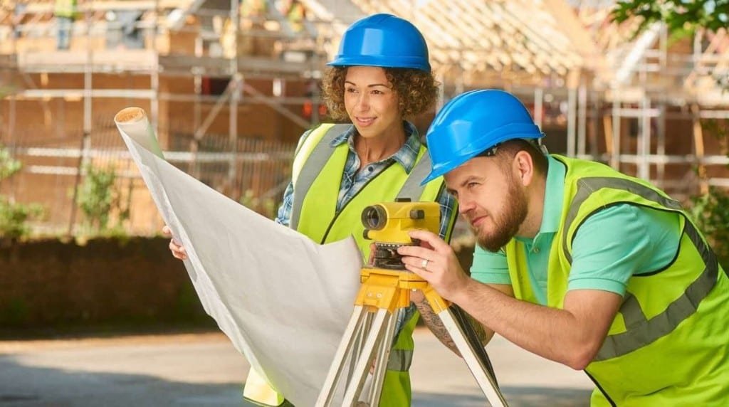 Construction team reviewing blueprints on a building site for the Gospel Light Academy Building Fund